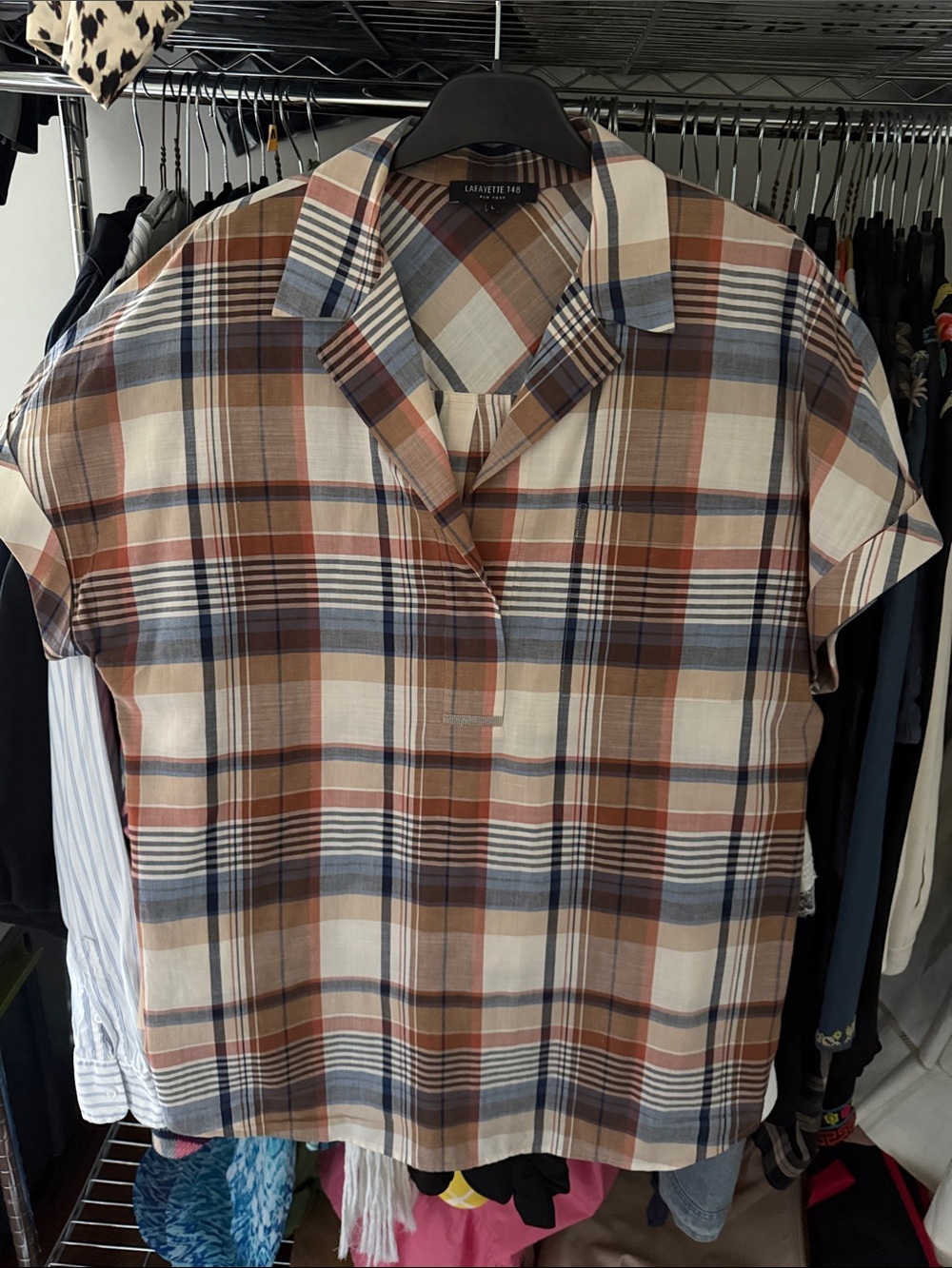 Lafayette 148 New York Plaid Short-Sleeve Collared Tunic in Cream, Brown, Blue